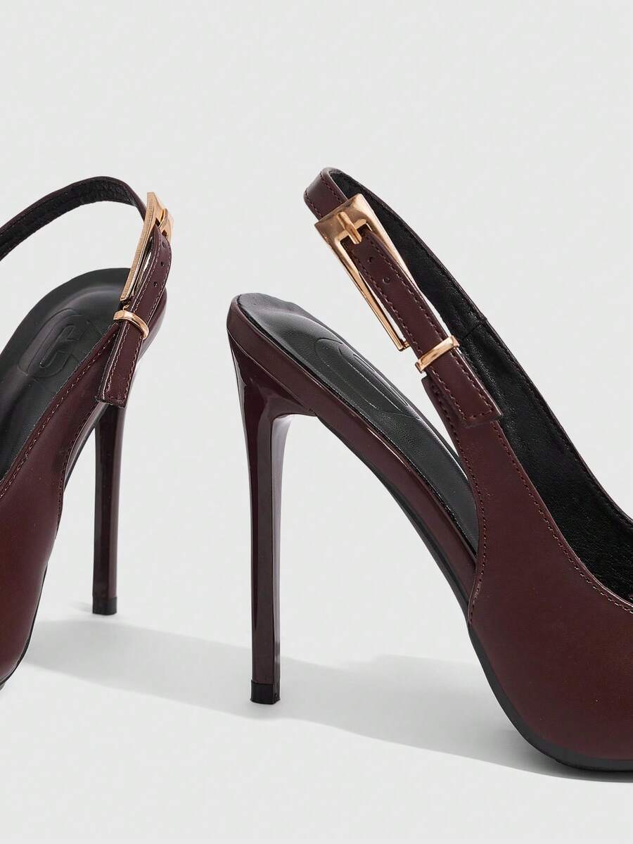 Pointed toe stiletto high heel evening party pumps featuring an ankle strap with buckle closure.