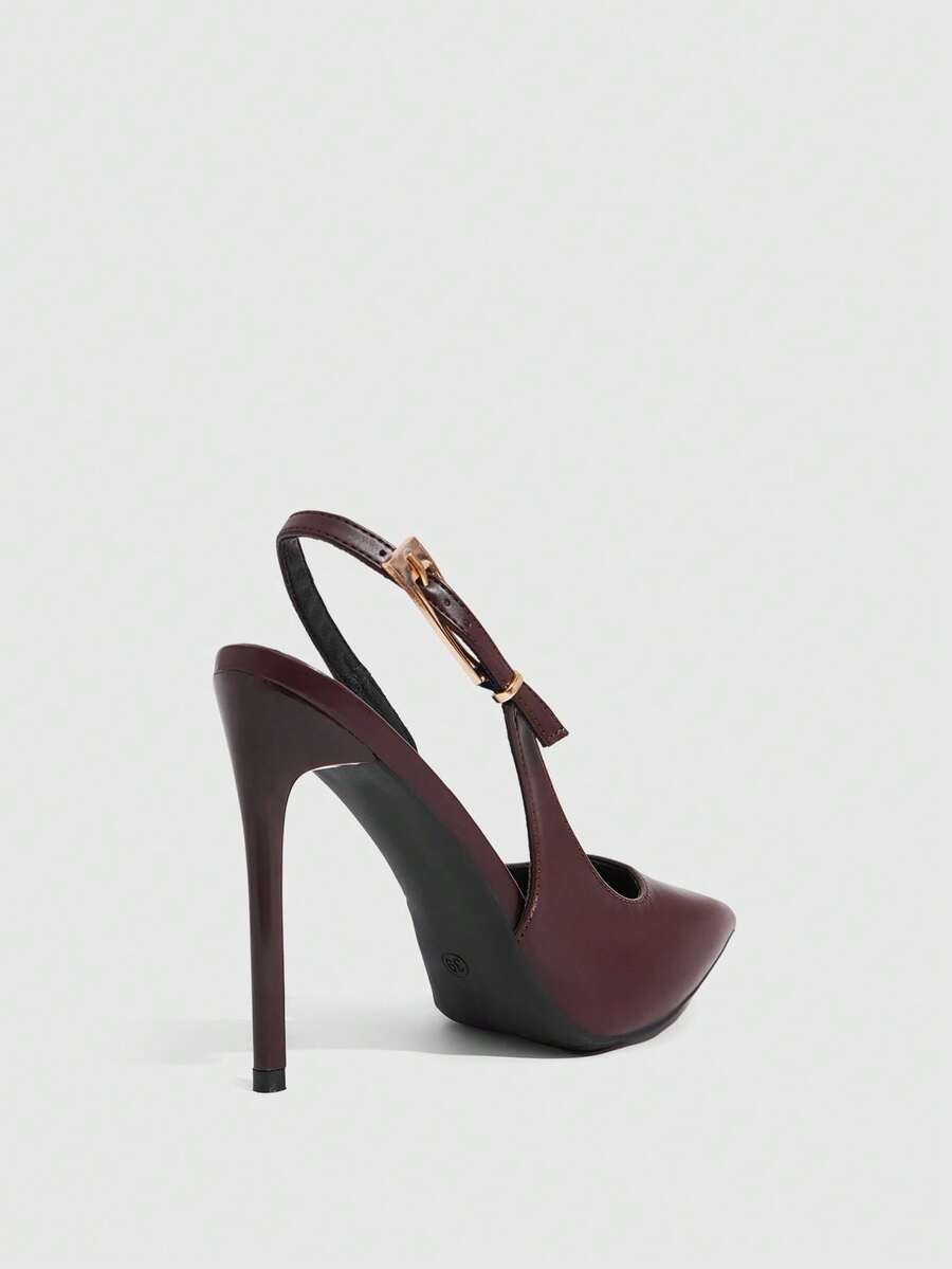 Pointed toe stiletto high heel evening party pumps featuring an ankle strap with buckle closure.