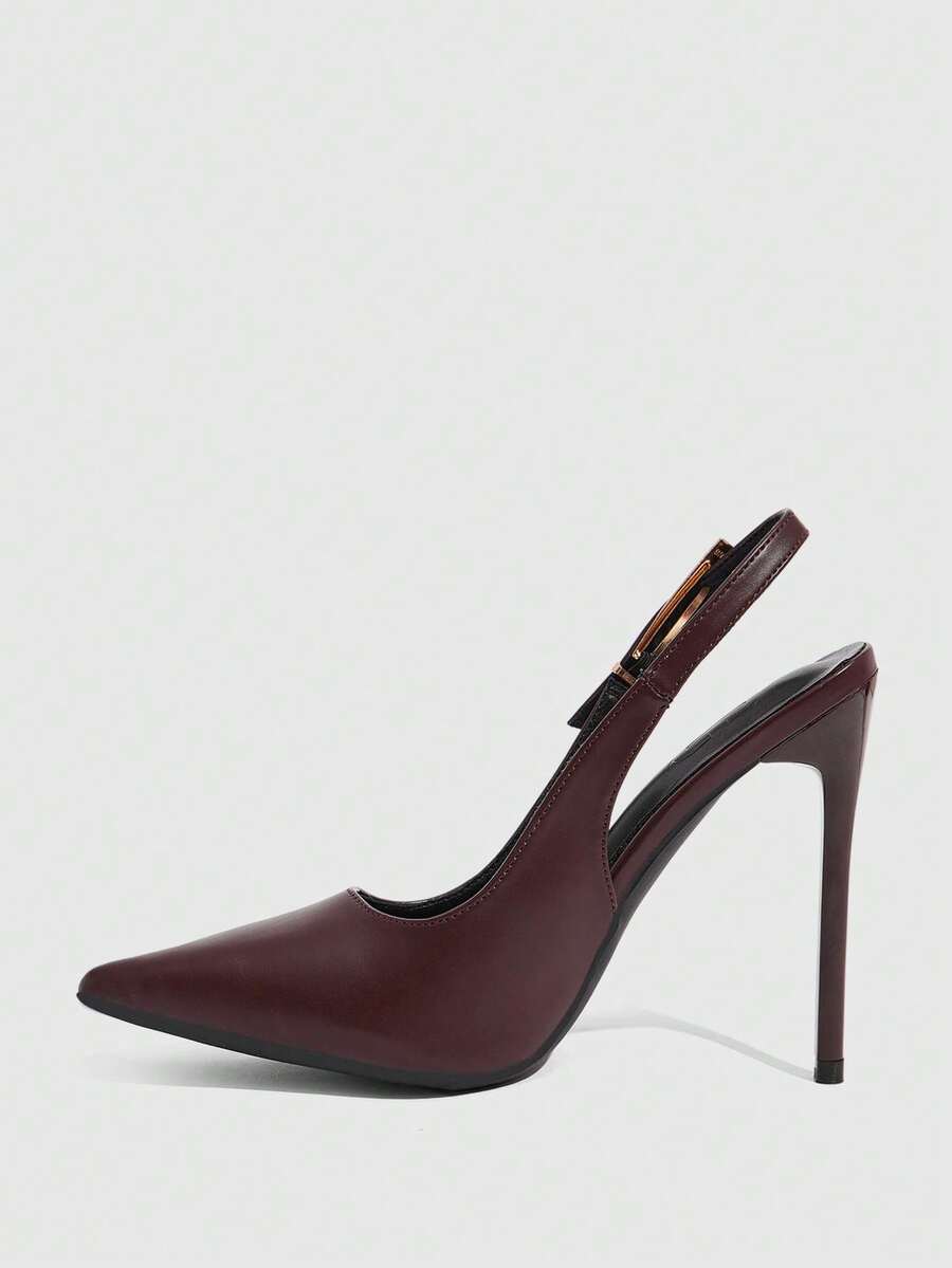 Pointed toe stiletto high heel evening party pumps featuring an ankle strap with buckle closure.