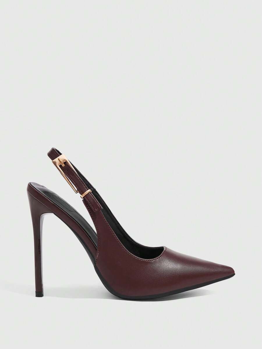 Pointed toe stiletto high heel evening party pumps featuring an ankle strap with buckle closure.