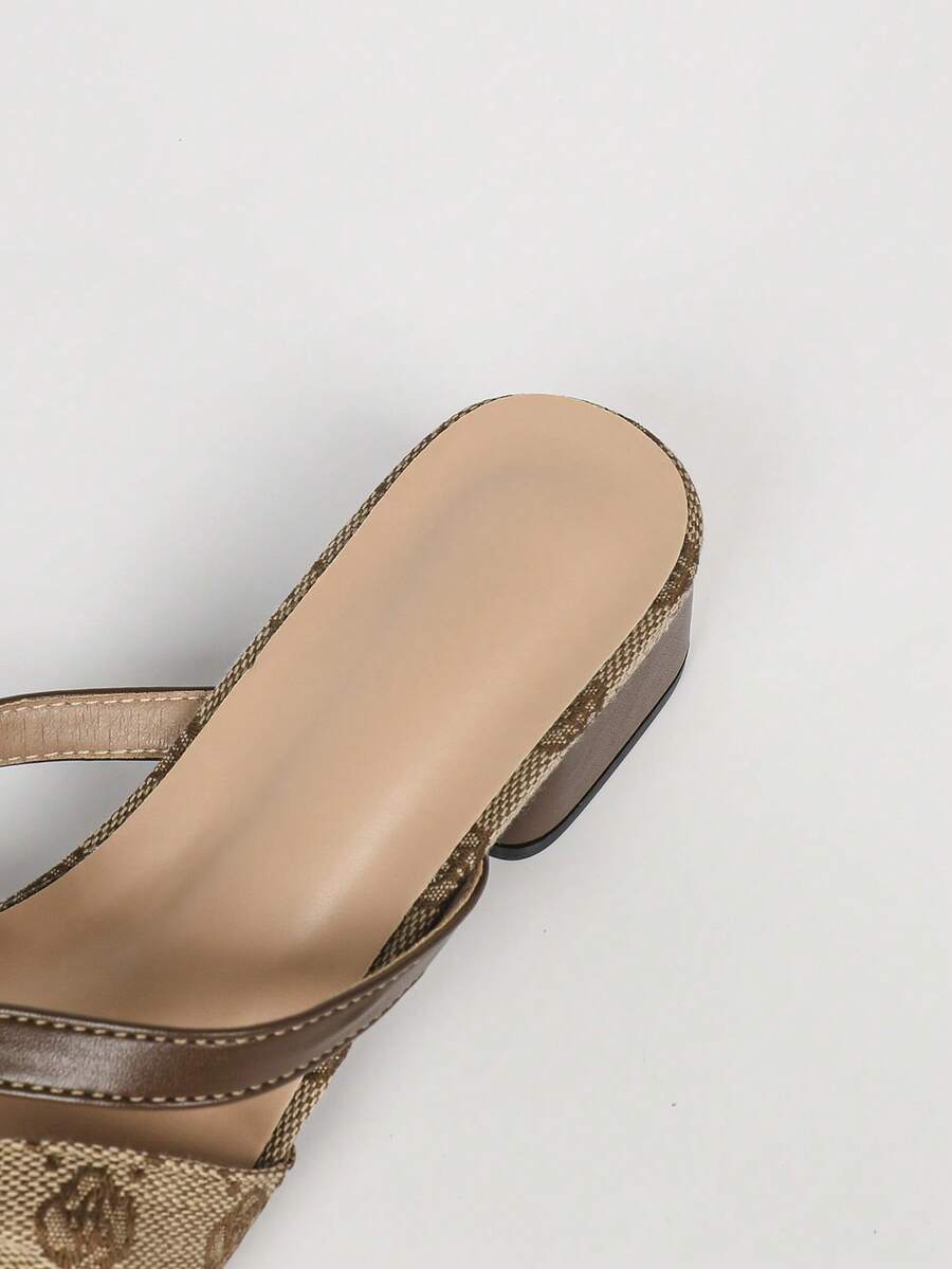 Women's multicolor square toe chunky heel sandals with bohemian textured pattern, canvas upper, and slip-on design.