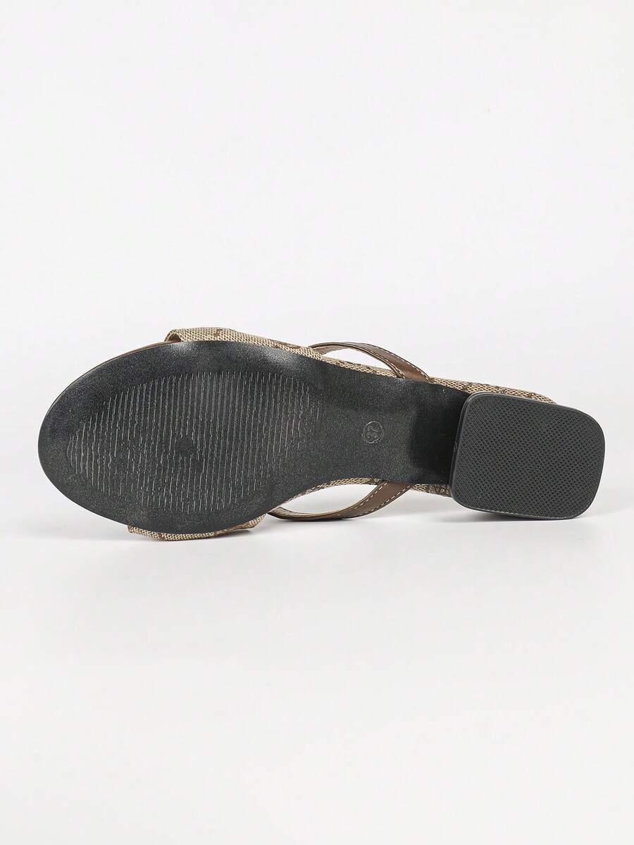 Women's multicolor square toe chunky heel sandals with bohemian textured pattern, canvas upper, and slip-on design.