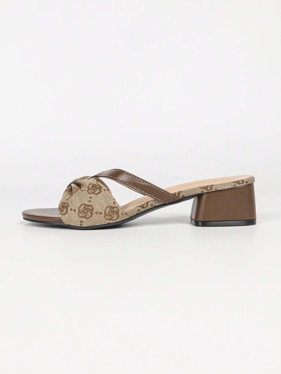 Women's multicolor square toe chunky heel sandals with bohemian textured pattern, canvas upper, and slip-on design.