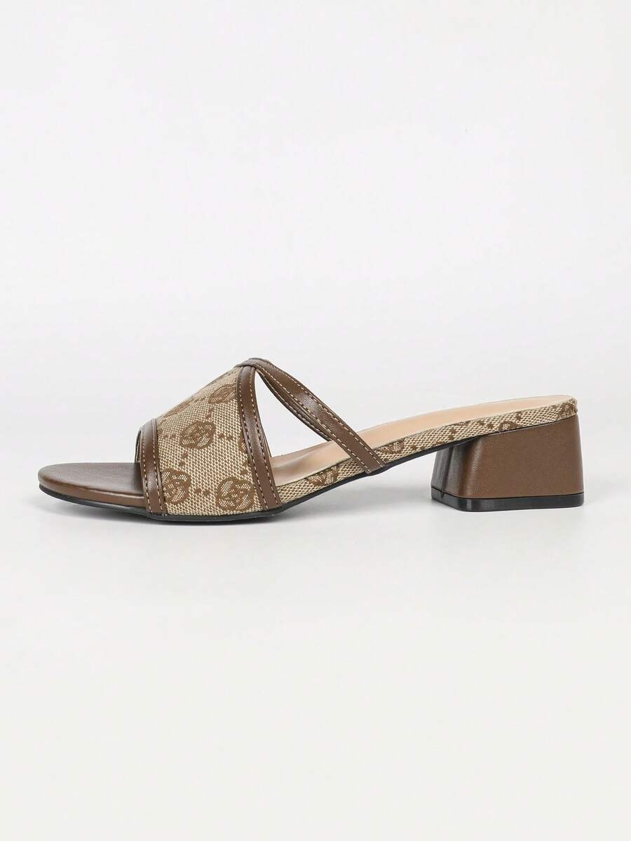 Women's multicolor square toe chunky heel sandals with bohemian textured pattern, canvas upper, and slip-on design.