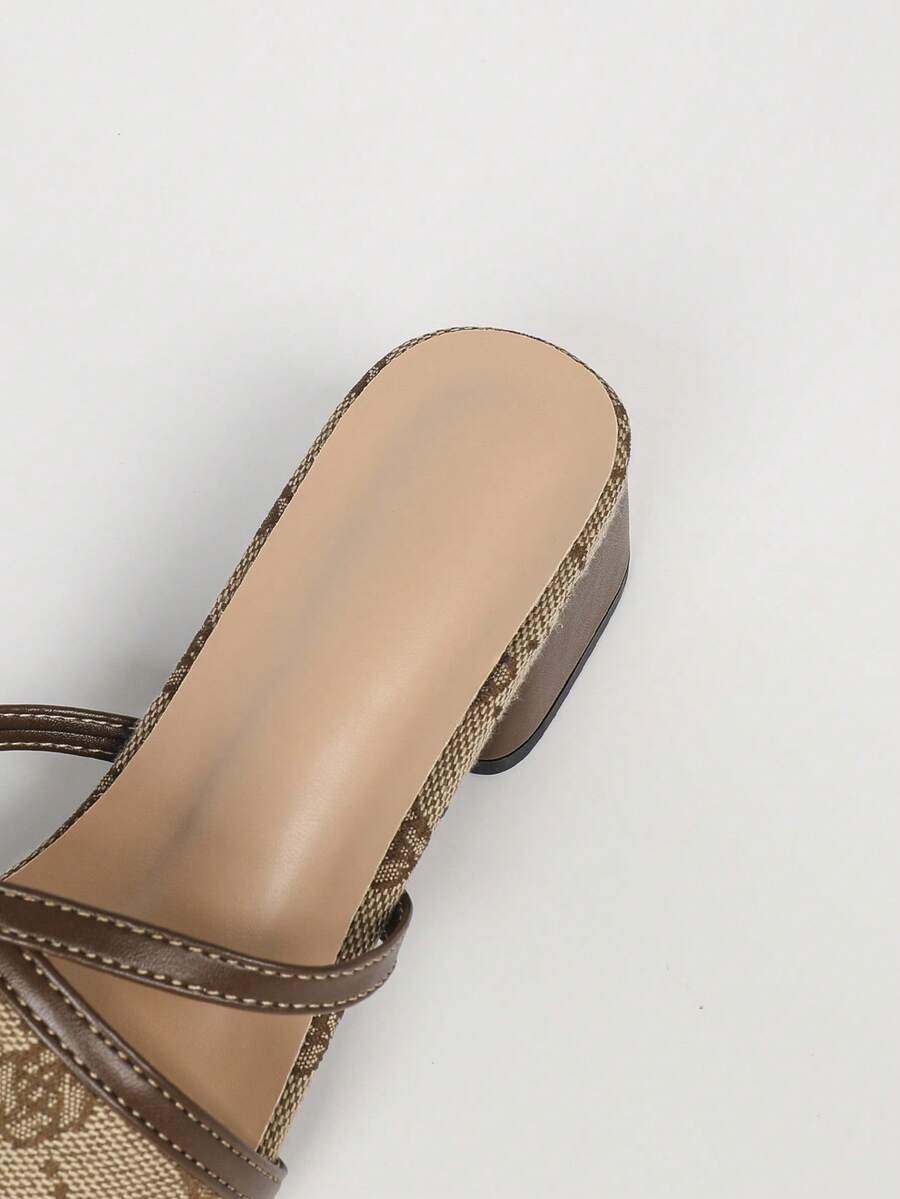 Women's multicolor square toe chunky heel sandals with bohemian textured pattern, canvas upper, and slip-on design.