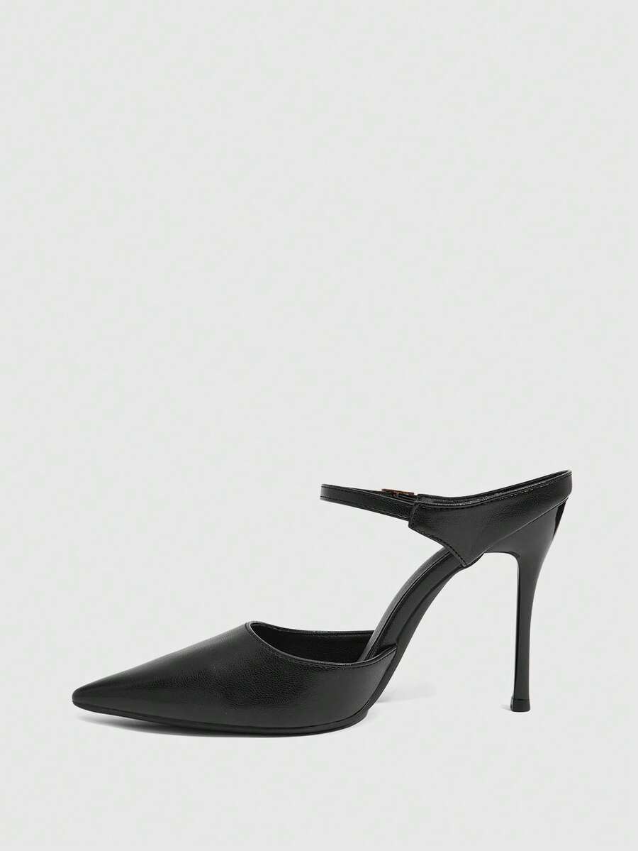 Burgundy pointed toe stiletto high heels with ankle strap buckle detail in patent PU leather