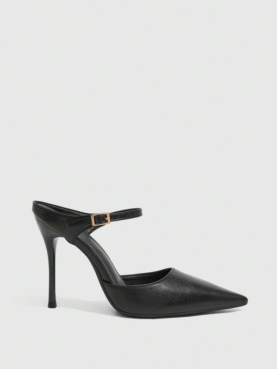 Burgundy pointed toe stiletto high heels with ankle strap buckle detail in patent PU leather
