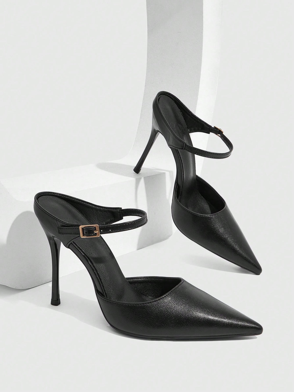 Burgundy pointed toe stiletto high heels with ankle strap buckle detail in patent PU leather