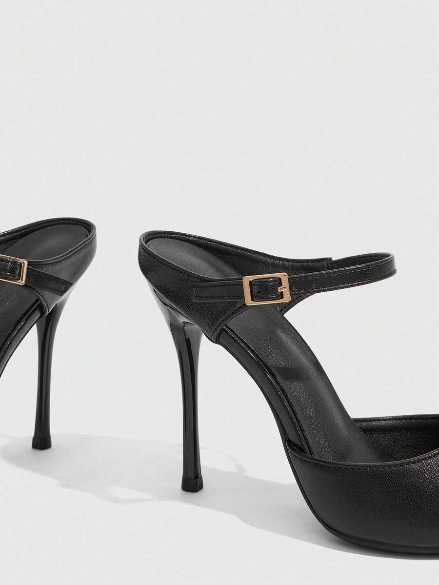 Burgundy pointed toe stiletto high heels with ankle strap buckle detail in patent PU leather