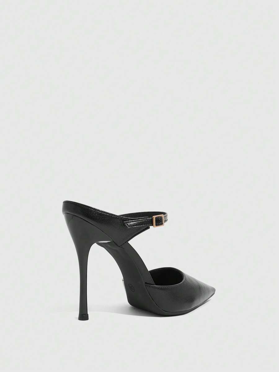 Burgundy pointed toe stiletto high heels with ankle strap buckle detail in patent PU leather