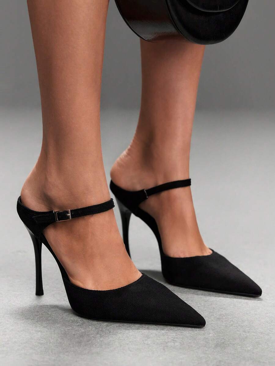 Burgundy pointed toe stiletto high heels with ankle strap buckle detail in patent PU leather