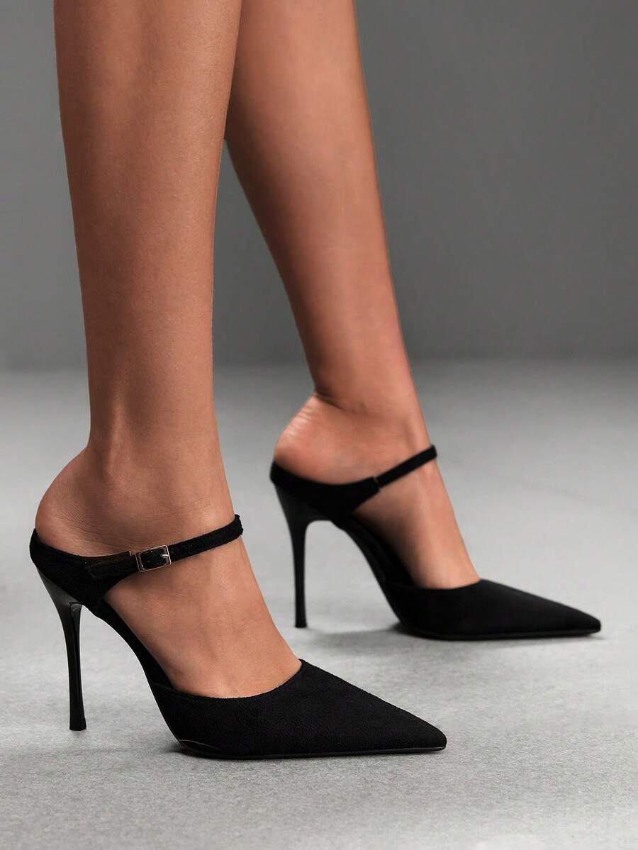 Burgundy pointed toe stiletto high heels with ankle strap buckle detail in patent PU leather
