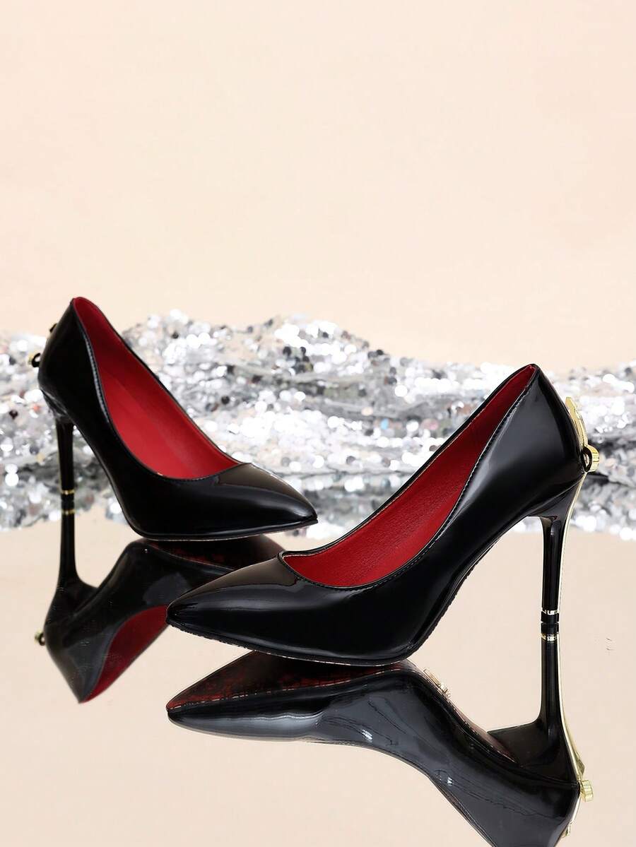 Glossy black pointed toe stiletto high heel pumps with bow detail for women