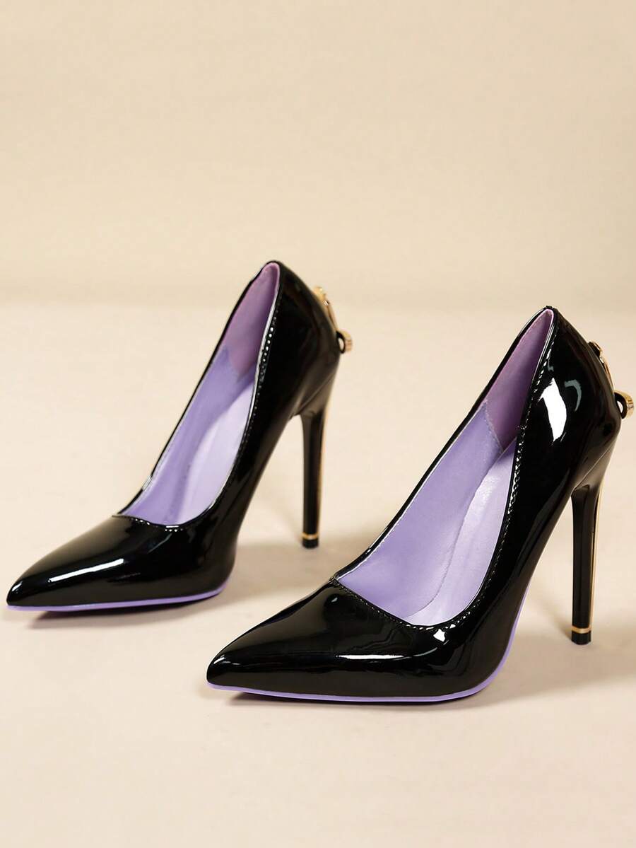 Glossy black pointed toe stiletto high heel pumps with bow detail for women