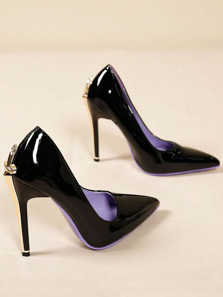 Glossy black pointed toe stiletto high heel pumps with bow detail for women