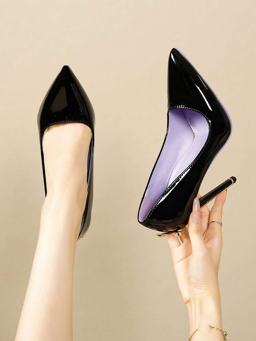 Glossy black pointed toe stiletto high heel pumps with bow detail for women