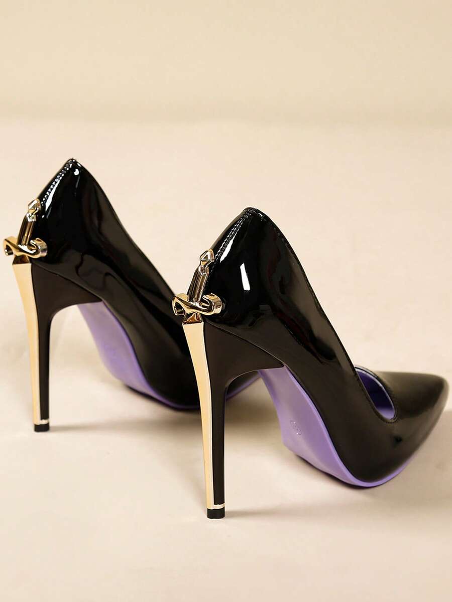 Glossy black pointed toe stiletto high heel pumps with bow detail for women