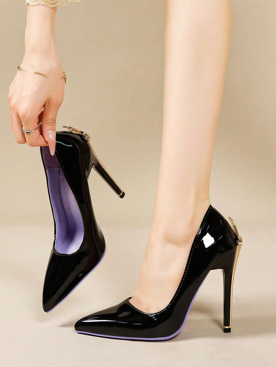 Glossy black pointed toe stiletto high heel pumps with bow detail for women