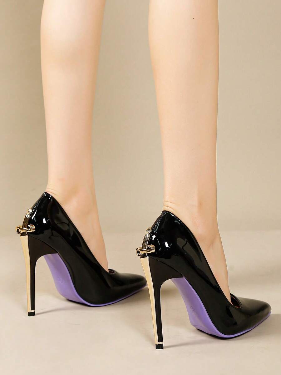 Glossy black pointed toe stiletto high heel pumps with bow detail for women