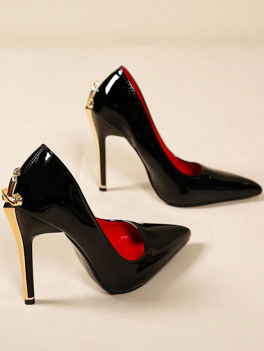 Glossy black pointed toe stiletto high heel pumps with bow detail for women