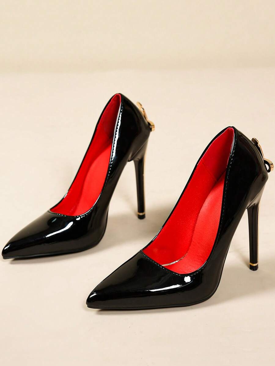 Glossy black pointed toe stiletto high heel pumps with bow detail for women