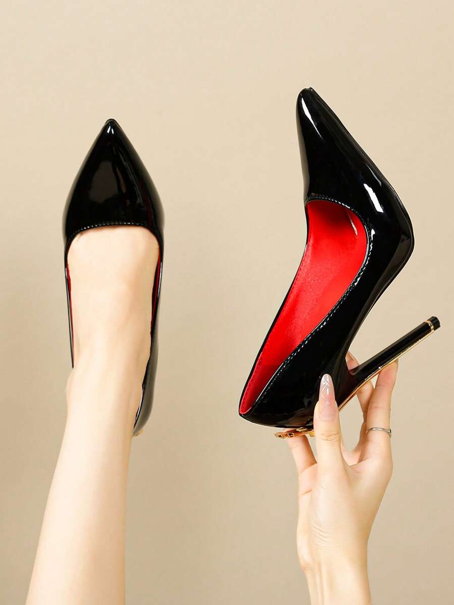 Glossy black pointed toe stiletto high heel pumps with bow detail for women