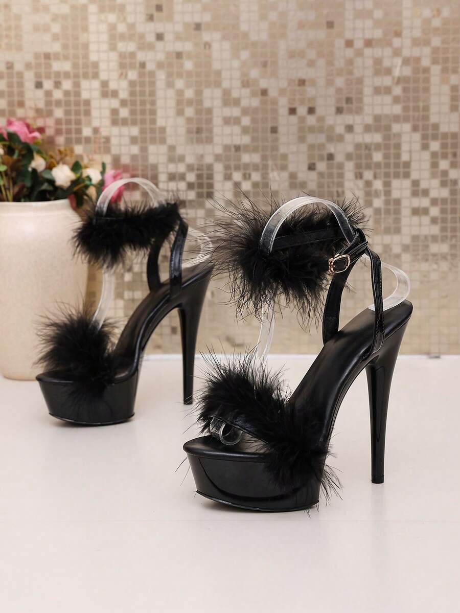 Open toe buckle strap stiletto platform high heel Roman sandals with lace-up straps in black PU leather