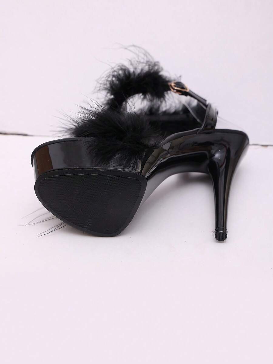Open toe buckle strap stiletto platform high heel Roman sandals with lace-up straps in black PU leather
