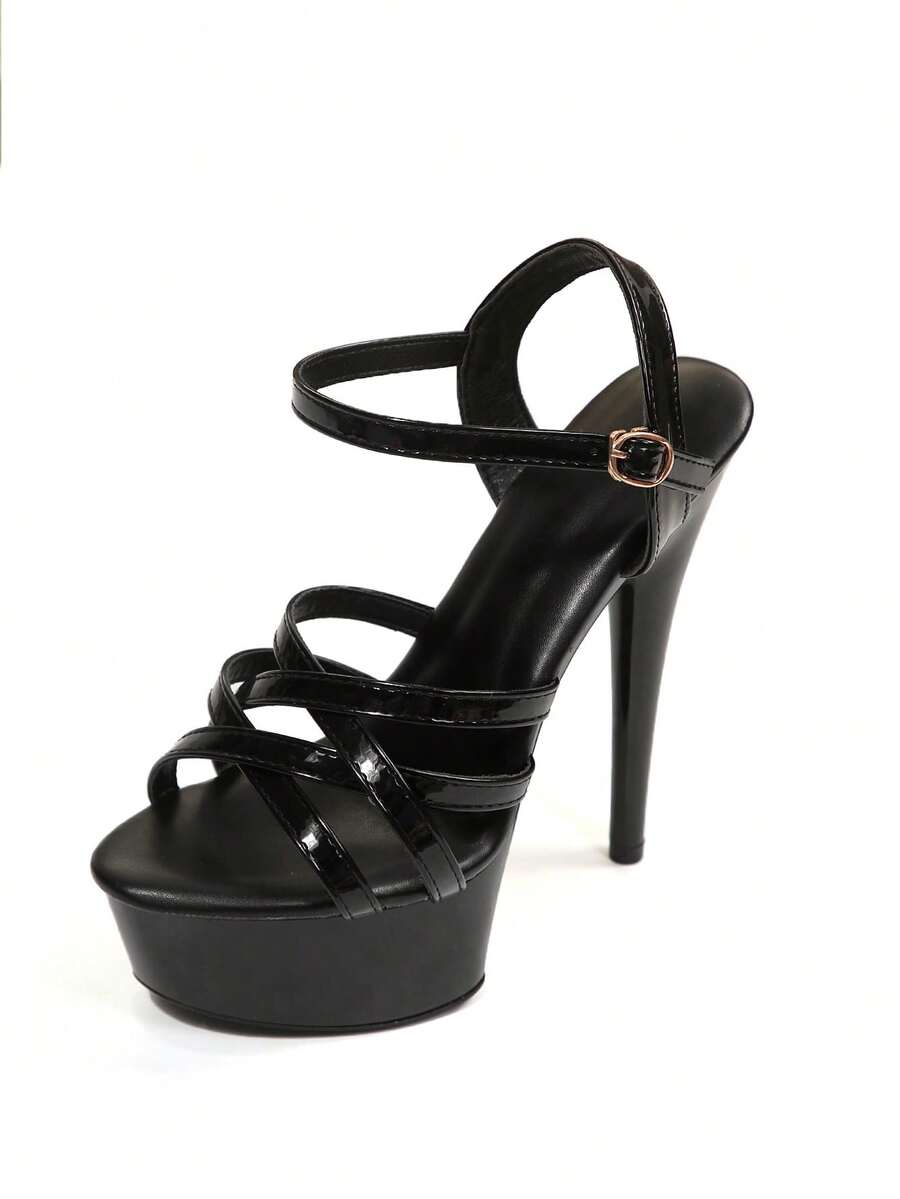 Open toe buckle strap stiletto platform high heel Roman sandals with lace-up straps in black PU leather