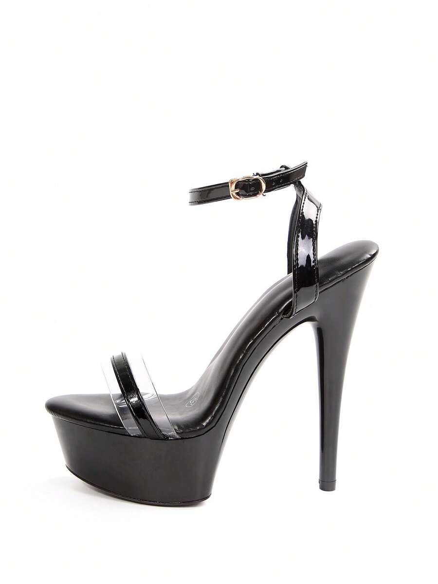 Open toe buckle strap stiletto platform high heel Roman sandals with lace-up straps in black PU leather