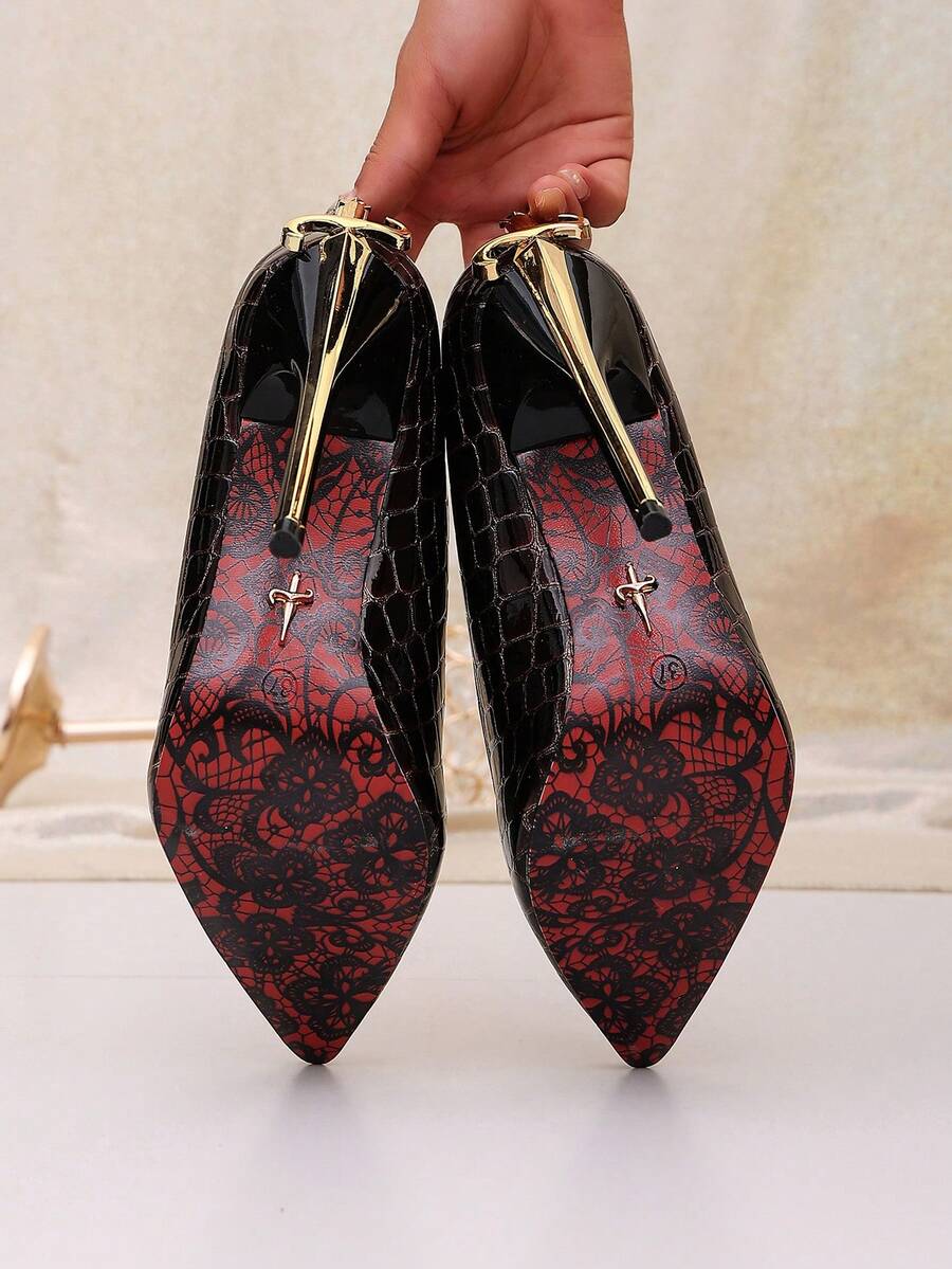 Glossy black pointed toe stiletto high heel pumps with bow detail for women