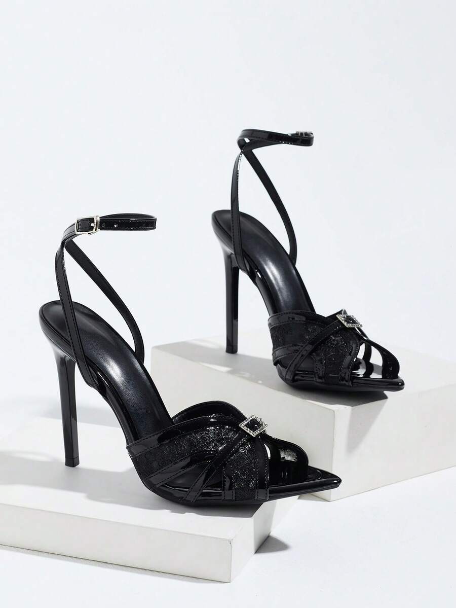 Burgundy women's high heel sandals featuring lace mesh accents, stiletto heel, open round toe, and buckle ankle strap.