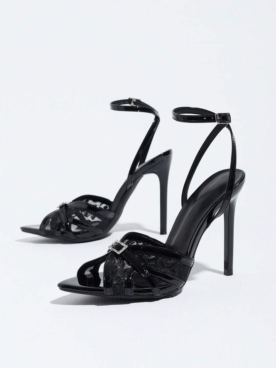Burgundy women's high heel sandals featuring lace mesh accents, stiletto heel, open round toe, and buckle ankle strap.