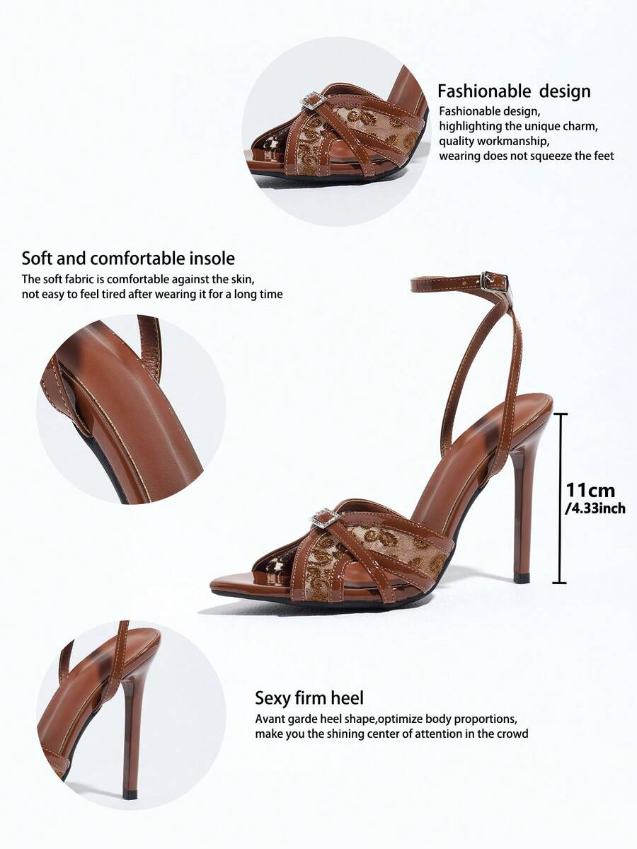 Burgundy women's high heel sandals featuring lace mesh accents, stiletto heel, open round toe, and buckle ankle strap.