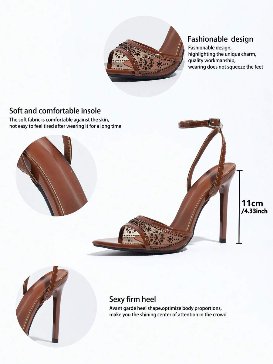 Burgundy women's high heel sandals featuring lace mesh accents, stiletto heel, open round toe, and buckle ankle strap.