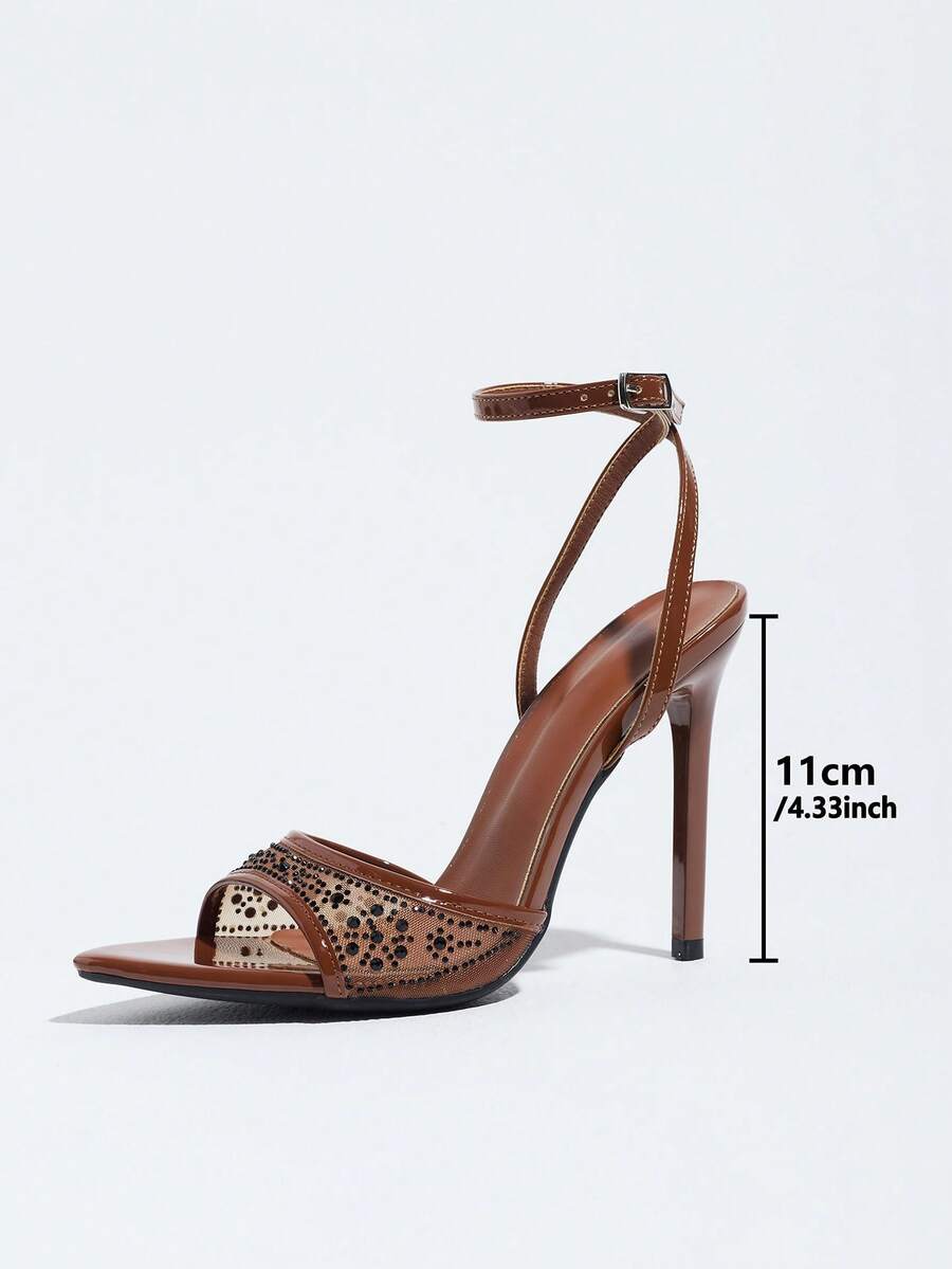 Burgundy women's high heel sandals featuring lace mesh accents, stiletto heel, open round toe, and buckle ankle strap.