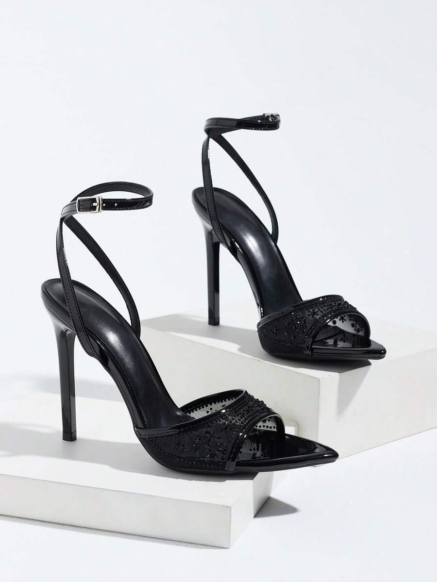 Burgundy women's high heel sandals featuring lace mesh accents, stiletto heel, open round toe, and buckle ankle strap.