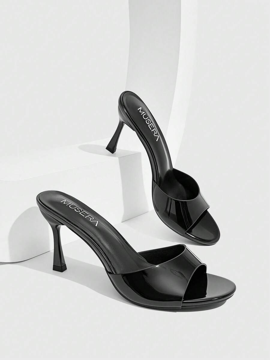Square toe thin high heel slippers for women featuring an open toe design, stiletto heel, and buckle strap accent.