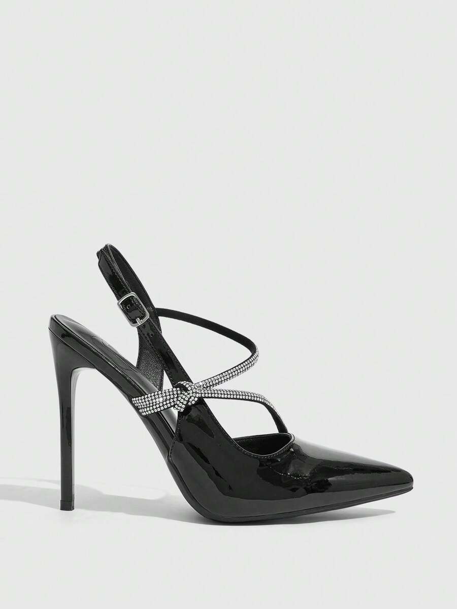 Pointed toe stiletto high heels with slingback silhouette and adjustable buckle ankle strap.