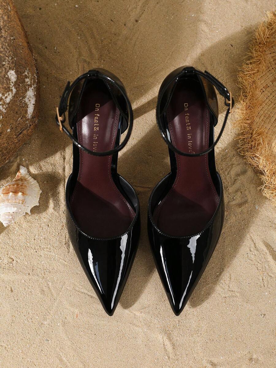 Elegant pointy-toe stiletto high heel pumps with hollow out sides and buckle ankle strap for weddings and evening dresses.