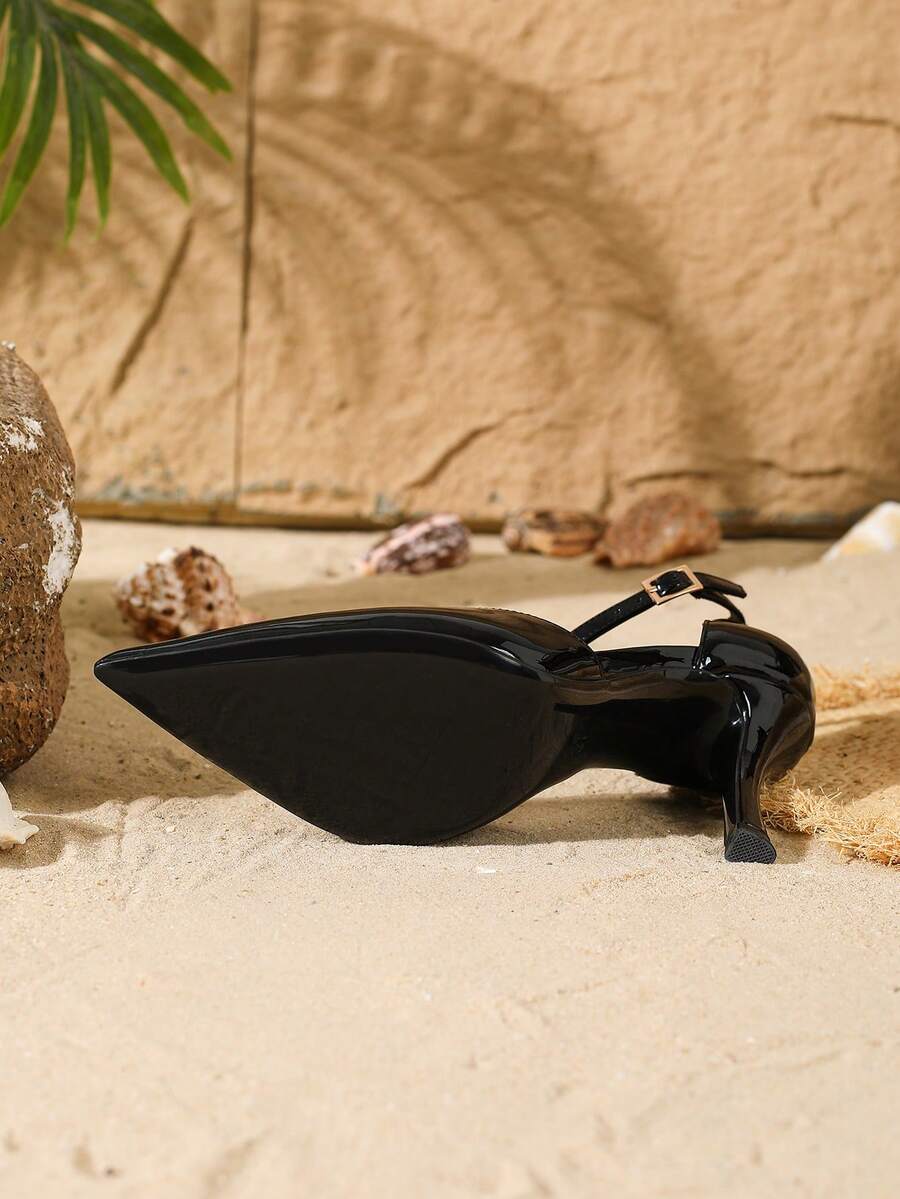 Elegant pointy-toe stiletto high heel pumps with hollow out sides and buckle ankle strap for weddings and evening dresses.