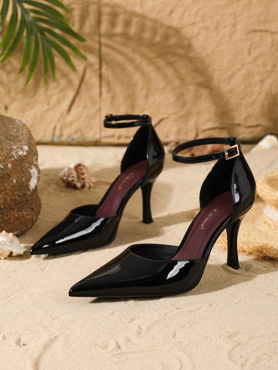 Elegant pointy-toe stiletto high heel pumps with hollow out sides and buckle ankle strap for weddings and evening dresses.
