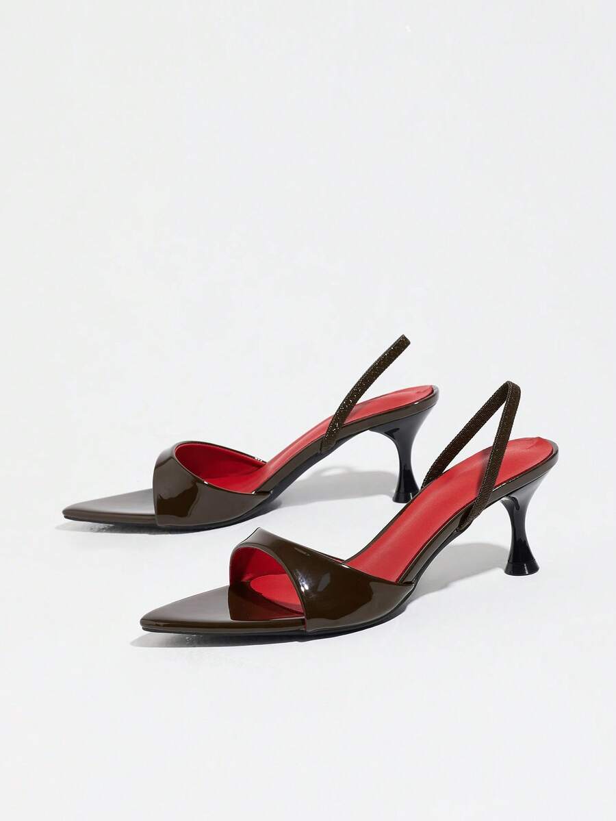 Women's pointed toe kitten heel mule sandals with elastic slingback strap in coffee brown