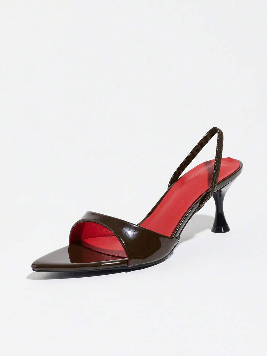 Women's pointed toe kitten heel mule sandals with elastic slingback strap in coffee brown