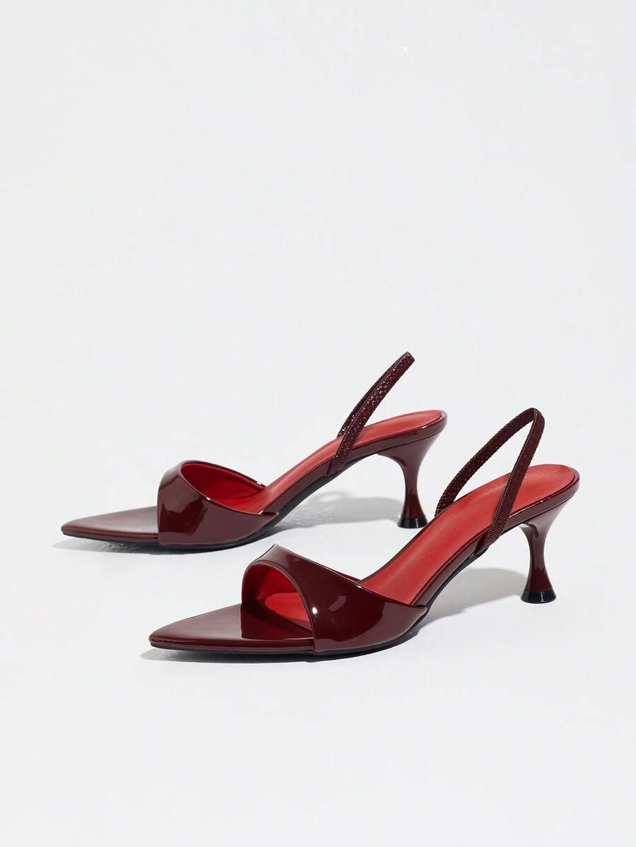 Women's pointed toe kitten heel mule sandals with elastic slingback strap in coffee brown