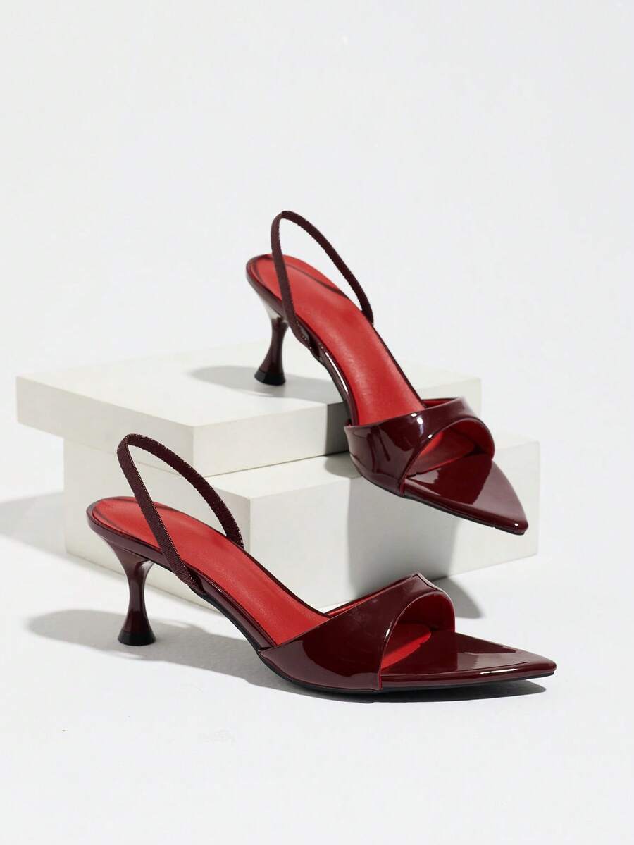 Women's pointed toe kitten heel mule sandals with elastic slingback strap in coffee brown