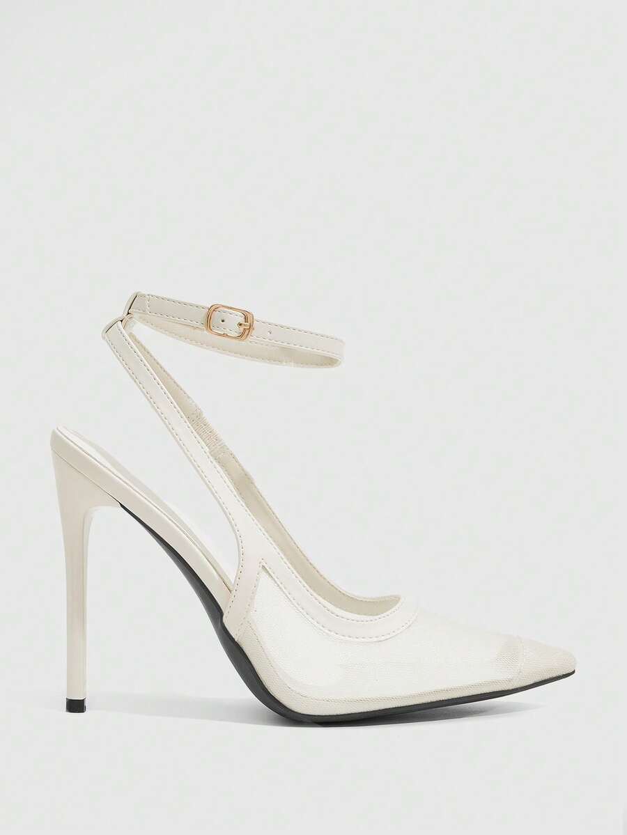 Women's pointed toe high heel shoes featuring breathable mesh detailing, stiletto heel, and adjustable ankle strap with buckle closure.
