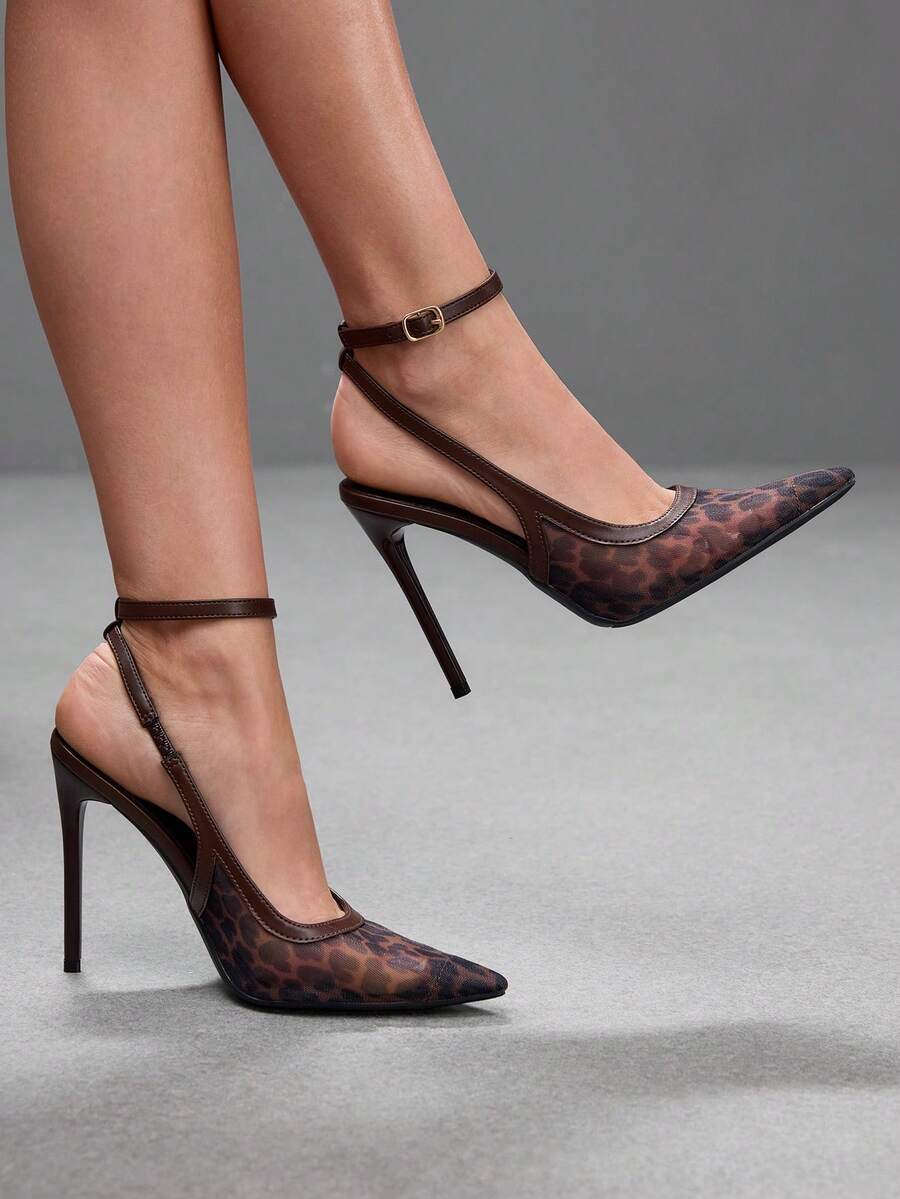 Women's pointed toe high heel shoes featuring breathable mesh detailing, stiletto heel, and adjustable ankle strap with buckle closure.