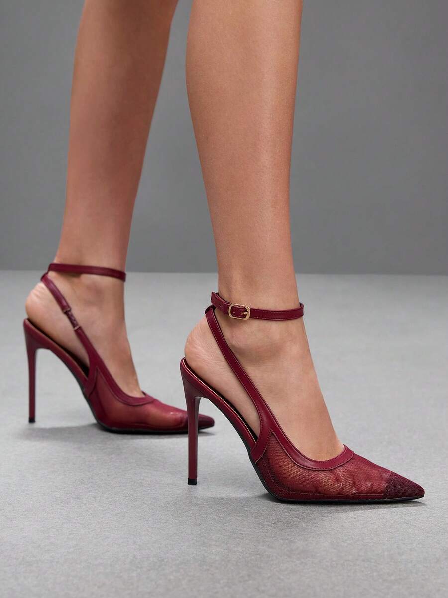 Women's pointed toe high heel shoes featuring breathable mesh detailing, stiletto heel, and adjustable ankle strap with buckle closure.