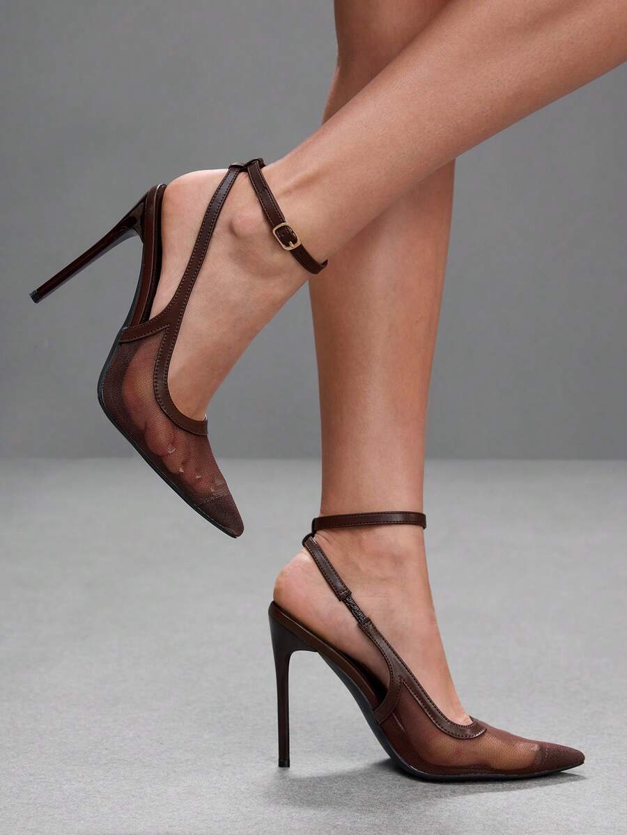 Women's pointed toe high heel shoes featuring breathable mesh detailing, stiletto heel, and adjustable ankle strap with buckle closure.